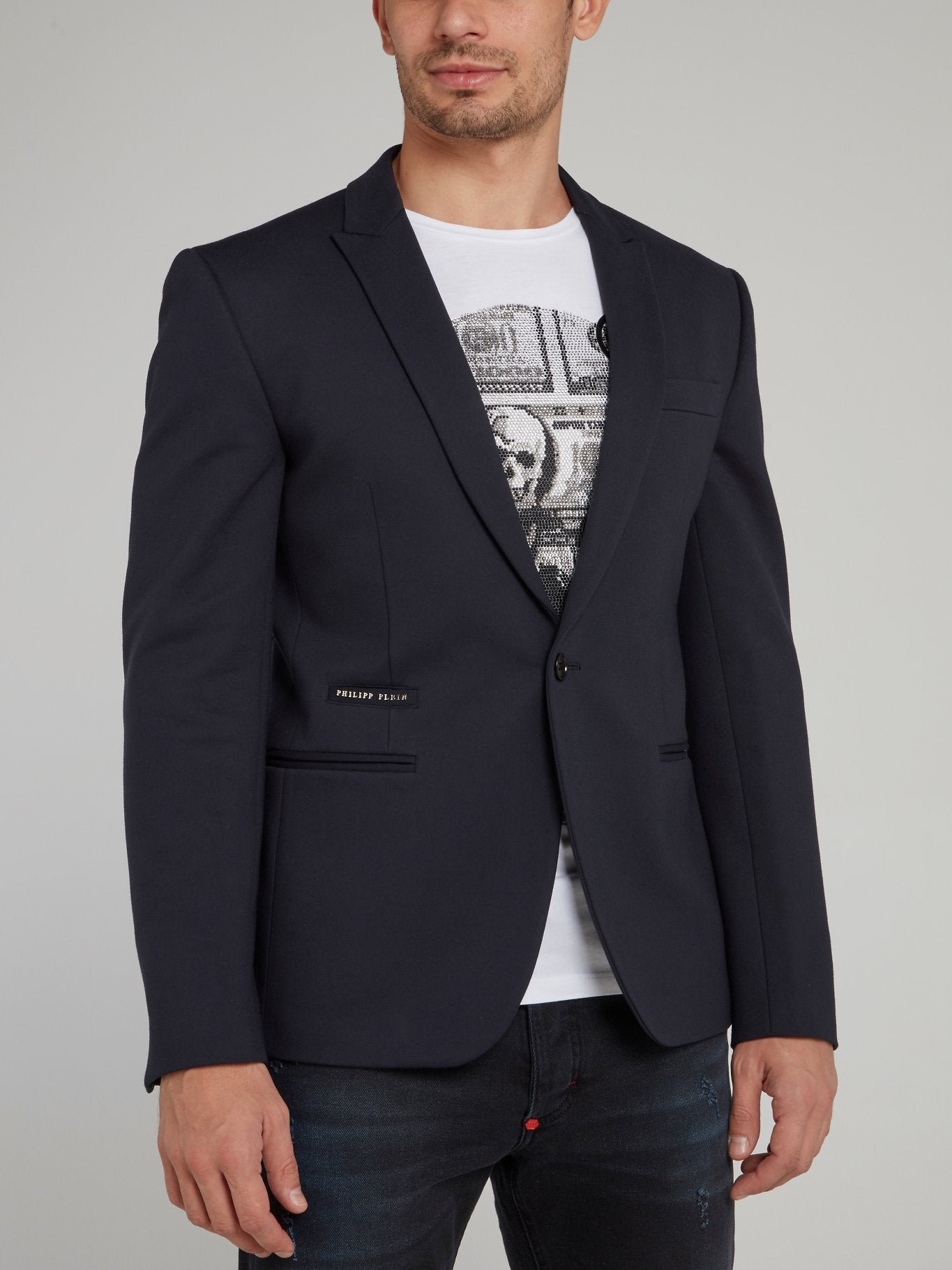 Темно-синий пиджак с черепом из страз