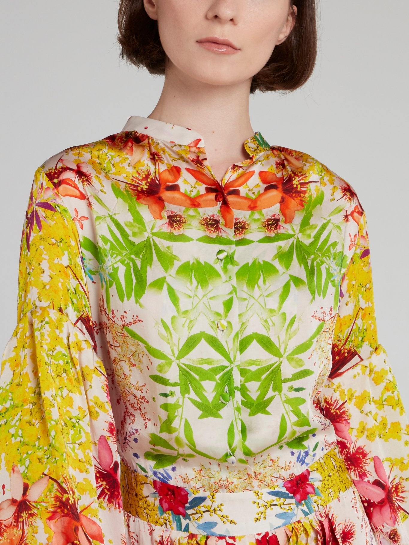 Oriental Print Pleated Slit Dress