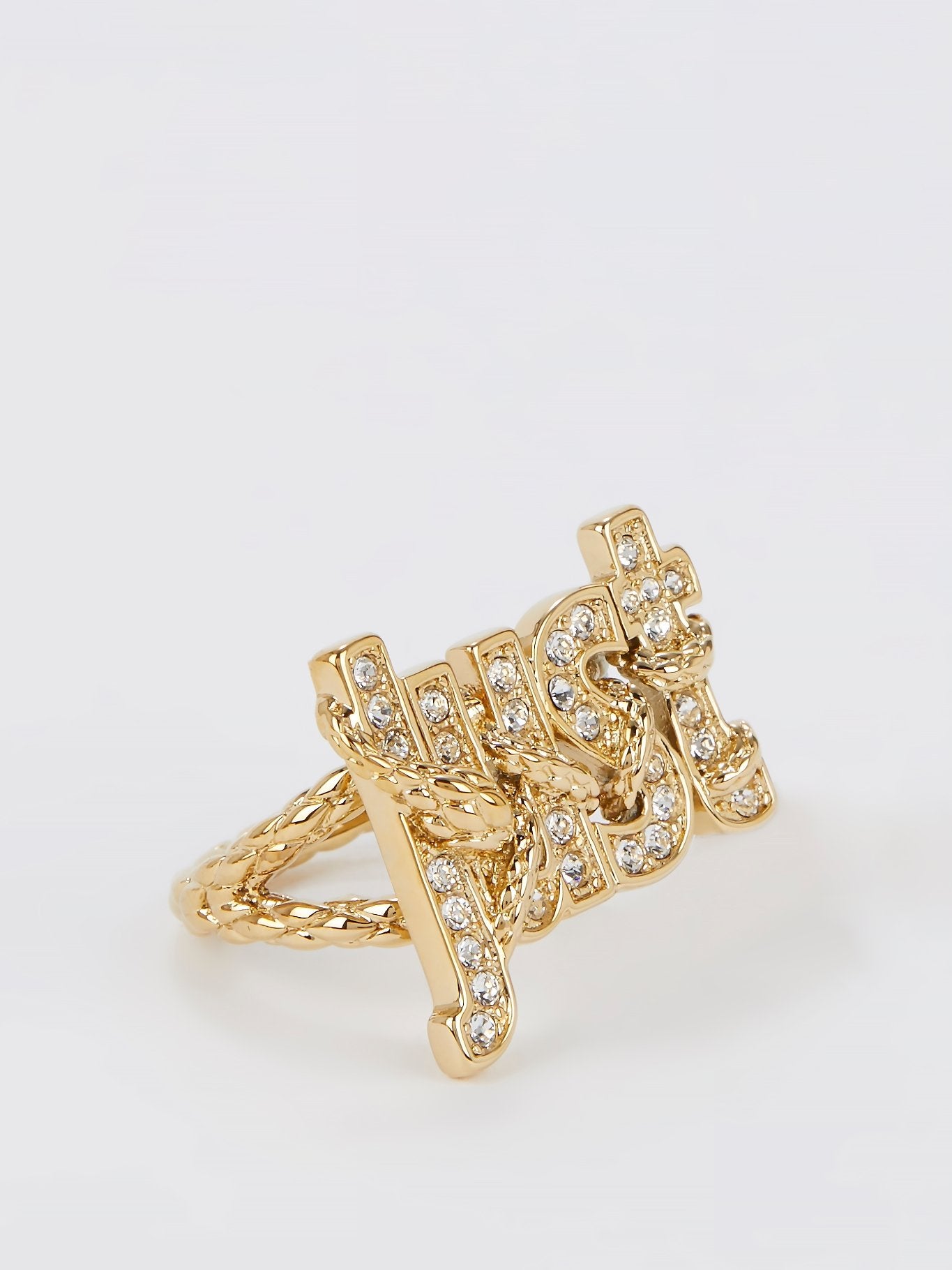 Gold Crystal Studded Monogram Ring - Size 7