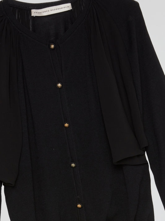 Black Draped Button-Up Cardigan