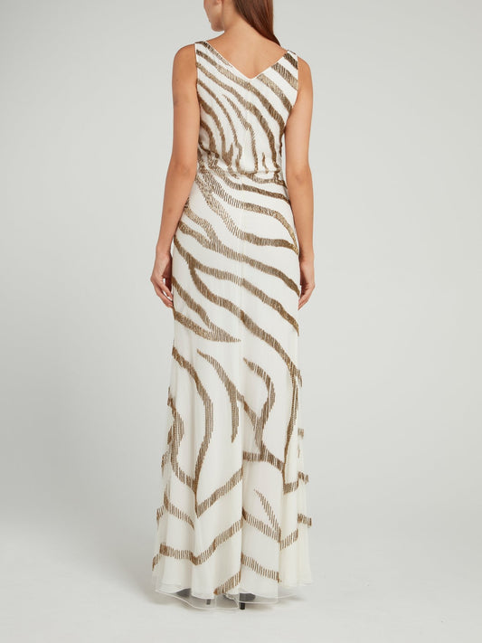 Платье-макси с вышивкой бисером под зебру