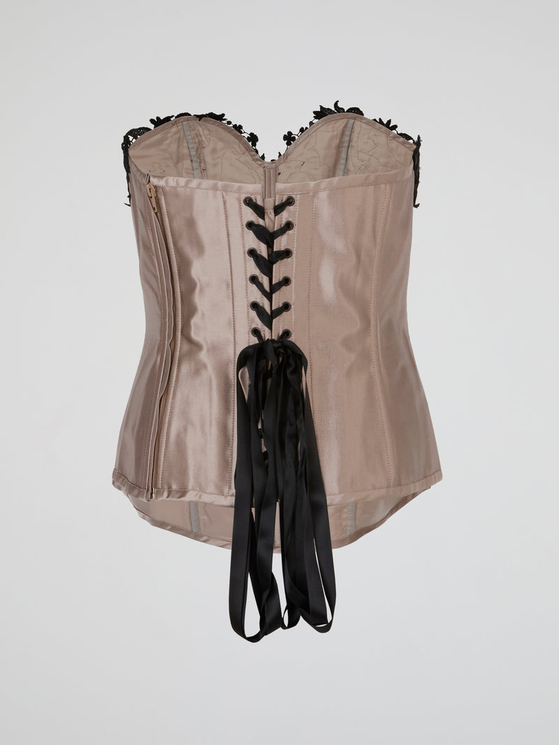 Beige Satin Black Lace-Up Corset Top