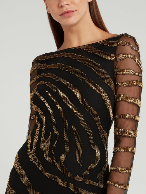 Черное платье-макси с V-образным вырезом и вышивкой бисером