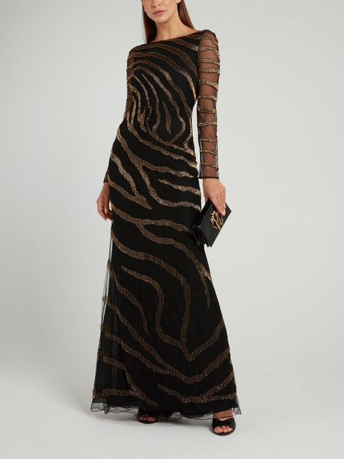 Черное платье-макси с V-образным вырезом и вышивкой бисером