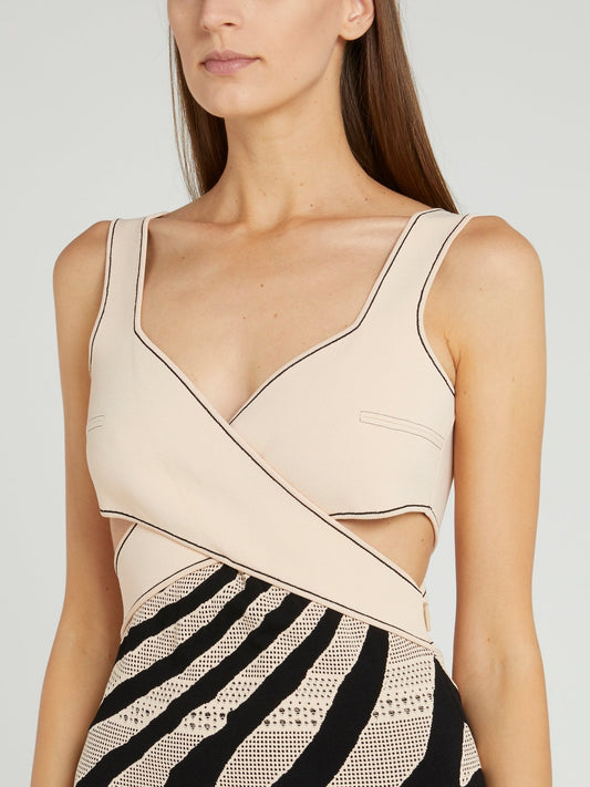 Бежевое платье с вышивкой ришелье и принтом под зебру