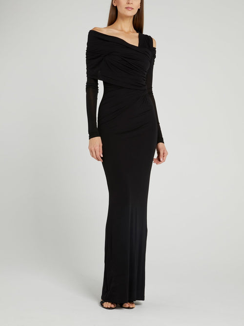 Черное платье-макси с открытыми плечами и оборками