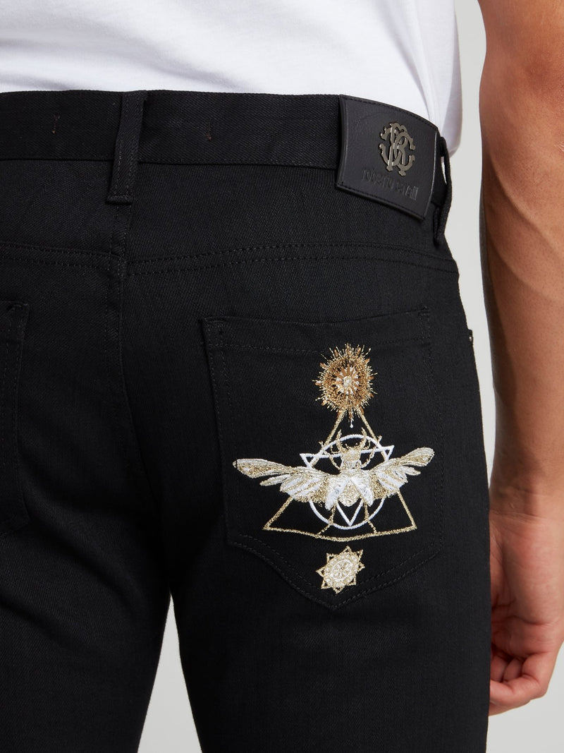 Черные джинсы скинни с вышивкой