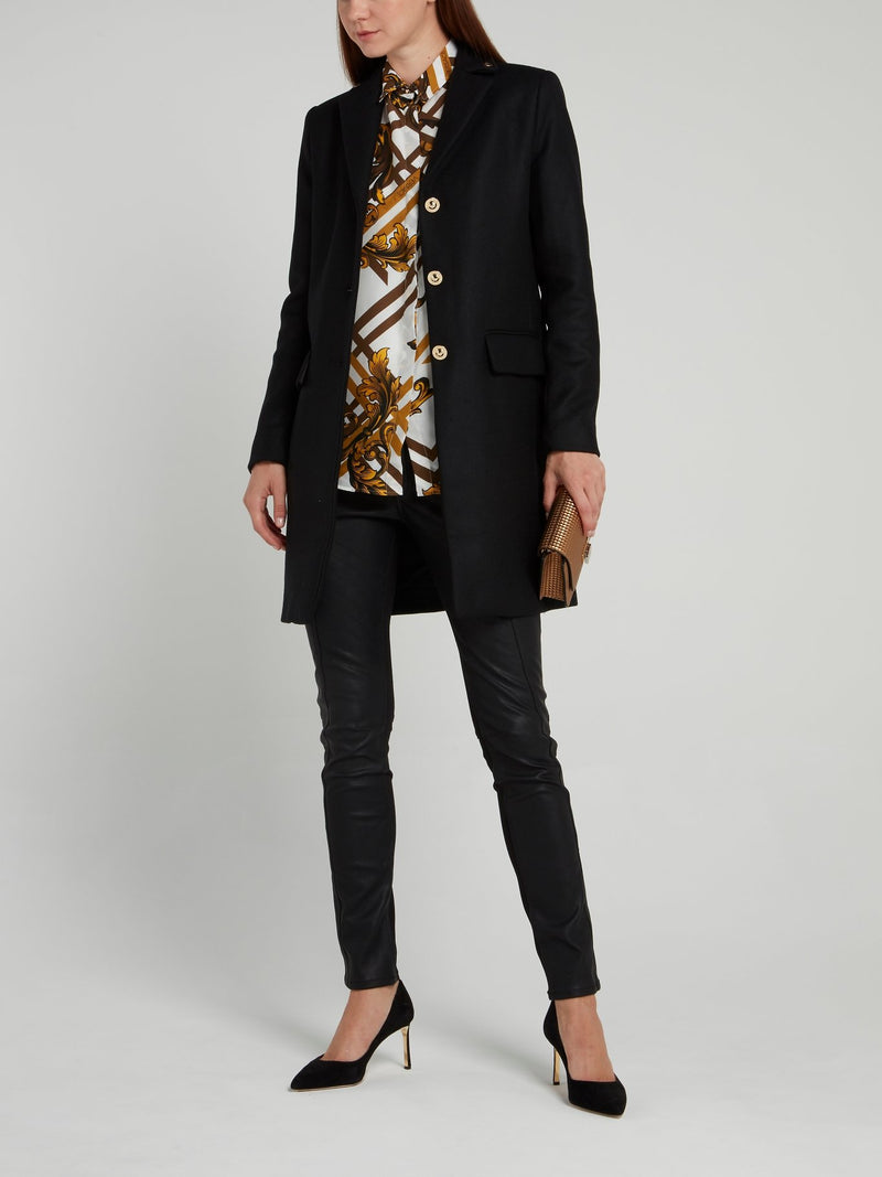 Черное длинное пальто с отделкой