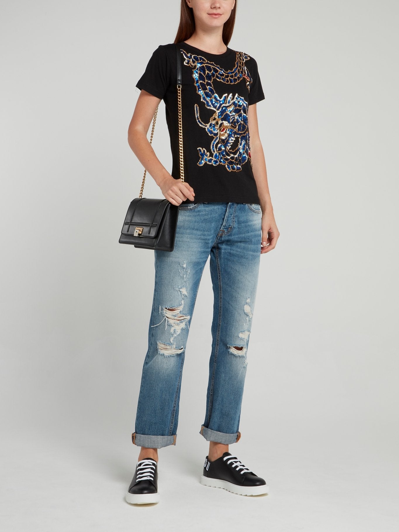 Черная хлопковая футболка с декором в виде дракона