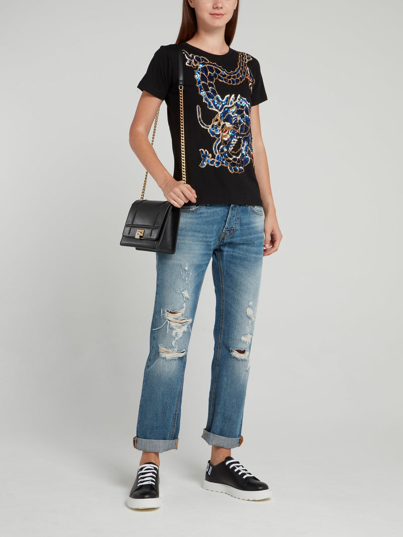Черная хлопковая футболка с декором в виде дракона