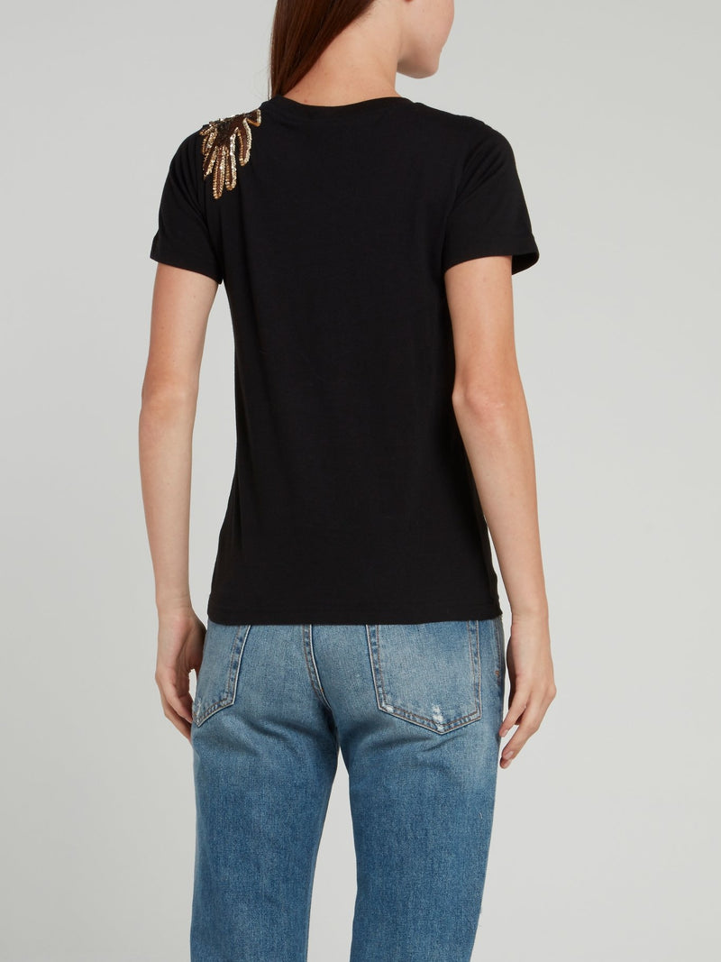 Черная футболка с драконом из пайеток