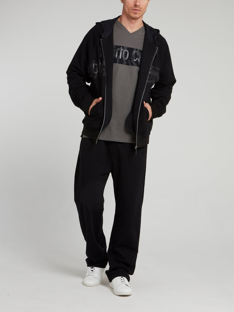 Серая футболка со вставкой с тигровым принтом и V-образным вырезом