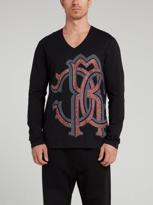 Черный лонгслив с V-образным вырезом и логотипом