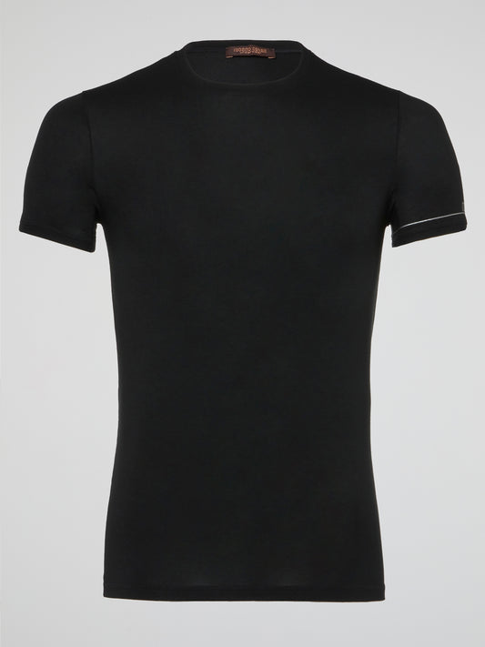 Transport yourself into a world where sophistication meets comfort with the Black Ribbed Trim T-Shirt from Roberto Cavalli Underwear. Crafted with the finest materials, this statement piece exudes luxury and style. Elevate your wardrobe and turn heads wherever you go with this must-have essential.