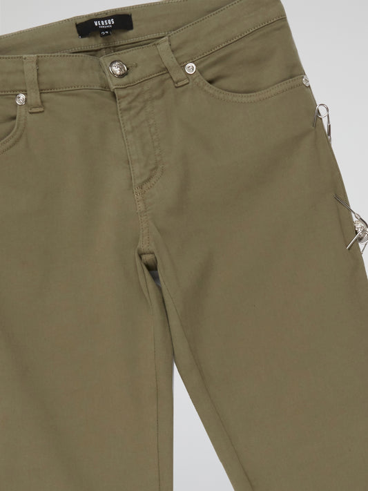 Step into effortless style and timeless elegance with the Olive Straight Cut Pants by Versus Versace. Crafted from luxurious olive green fabric, these pants feature a flattering straight-leg silhouette that elongates the legs and accentuates your curves. Whether paired with a crisp white blouse for a polished office look or a sleek leather jacket for a night out, these pants effortlessly exude sophistication and flair.