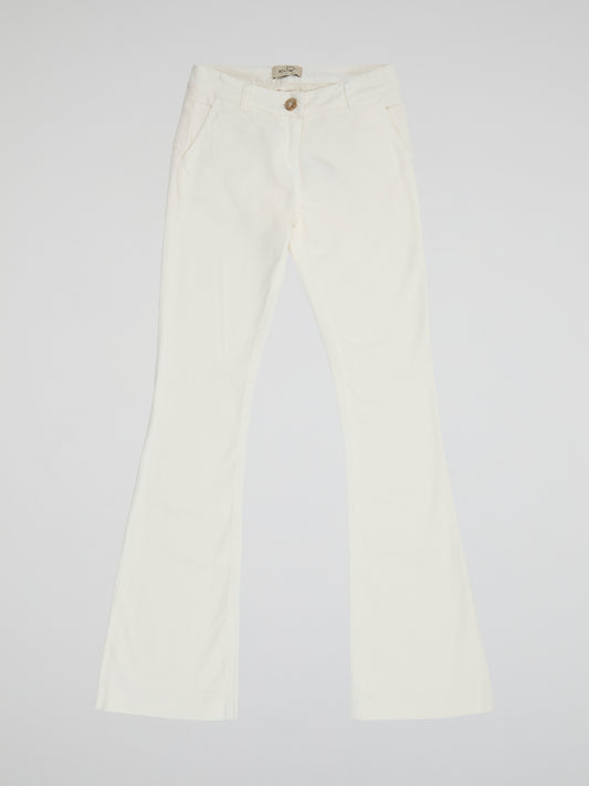 Step into the spotlight with these stunning White Flared trousers from Ki6?who Are You? Made with luxurious and breathable fabric, these trousers will elevate any look with their sleek and sophisticated design. Whether you're dressing up for a night out or keeping it casual during the day, these trousers are a must-have addition to your wardrobe.