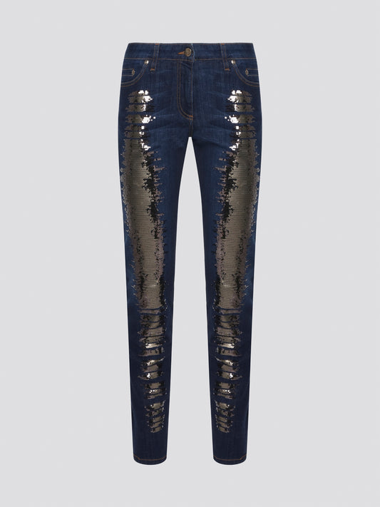 Sparkle and shine in style with these navy sequin embellished jeans by Roberto Cavalli. With a touch of glam and a hint of luxury, these jeans are perfect for adding a touch of sophistication to any outfit. Stand out from the crowd and make a statement with these dazzling denim pants.