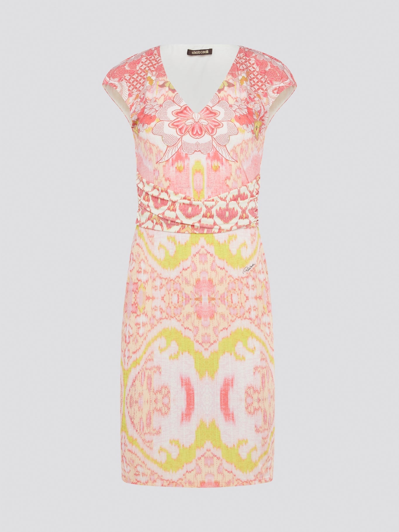 Transform any occasion into a fashion moment with this Pink Printed Cap Sleeve Dress by Roberto Cavalli. The vibrant hues and striking print instantly command attention, while the flattering cap sleeves and fitted silhouette elevate your feminine allure. Embrace your inner style icon and make a statement in this bold and beautiful designer dress.