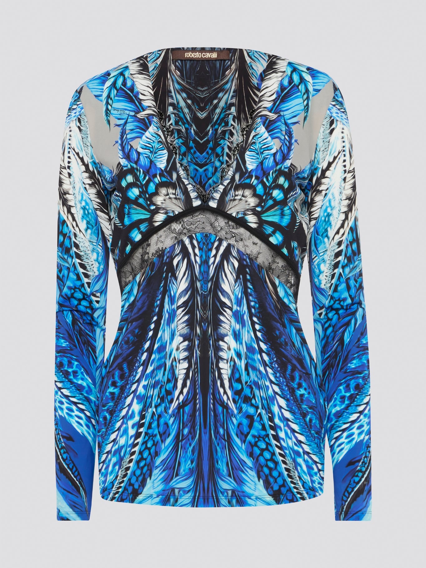 Feel like a vision of elegance in the striking Blue Lace Panel Top by Roberto Cavalli. With its luxurious lace detailing and intricate design, this top effortlessly combines sophistication with a touch of romance. Perfect for a special occasion or a night out, this piece will make you feel confident and show-stopping wherever you go. Elevate your look with this exquisite top from Roberto Cavalli.