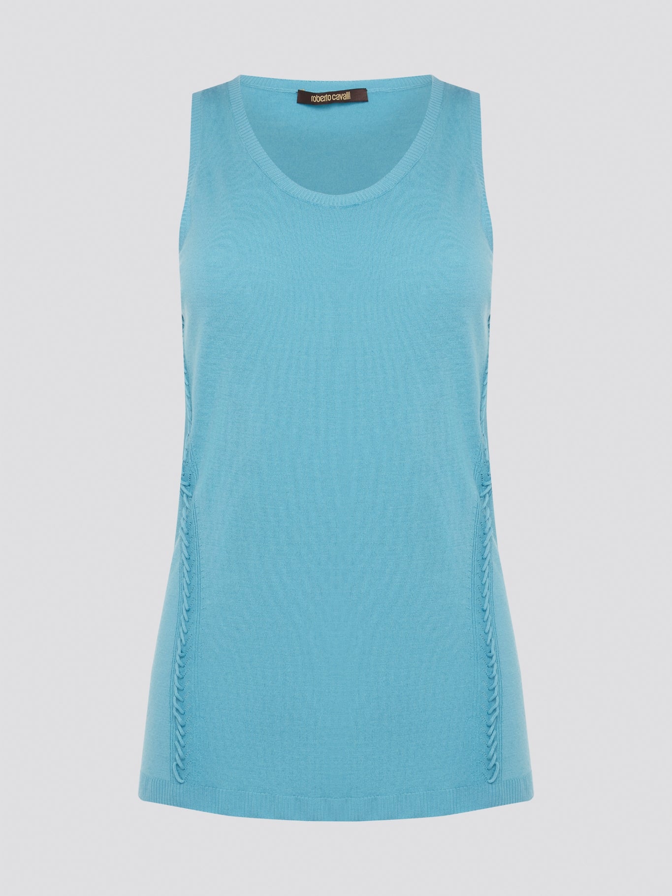 Dive into a sea of luxury with our Blue Sleeveless Top by Roberto Cavalli. Crafted from high-quality materials, this top exudes sophistication and style. Perfect for layering or wearing on its own, this top will elevate any outfit with its stunning blue hue and chic design.
