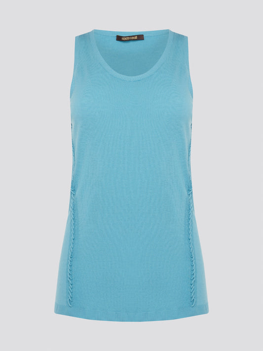 Dive into a sea of luxury with our Blue Sleeveless Top by Roberto Cavalli. Crafted from high-quality materials, this top exudes sophistication and style. Perfect for layering or wearing on its own, this top will elevate any outfit with its stunning blue hue and chic design.
