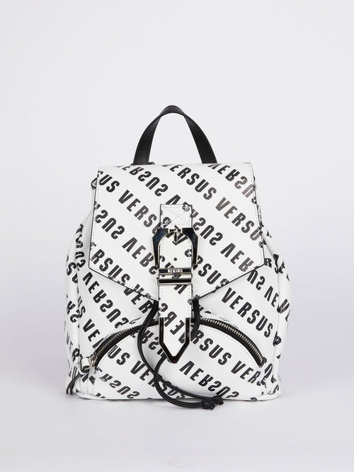 White Monogram Print Belted Backpack