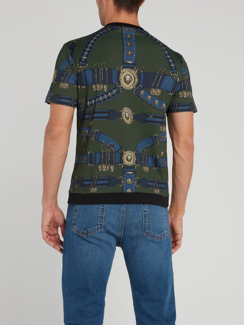 Оливковая футболка из хлопка с абстрактным принтом