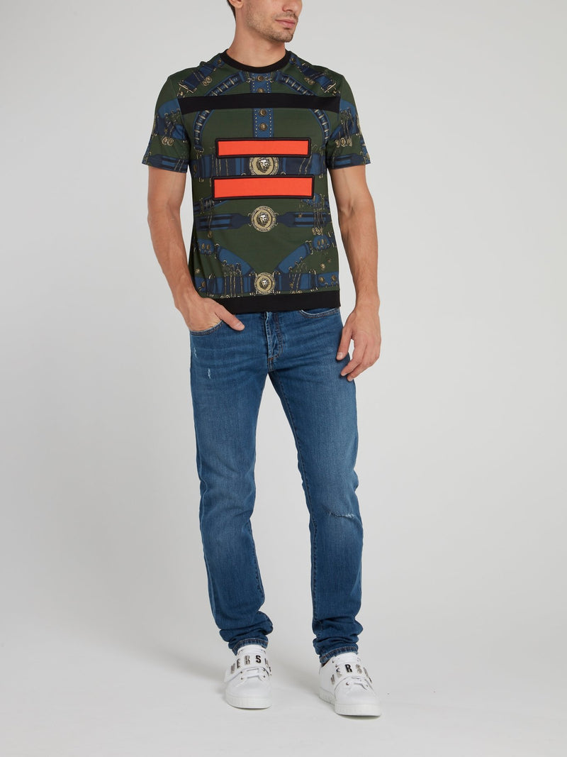 Оливковая футболка из хлопка с абстрактным принтом