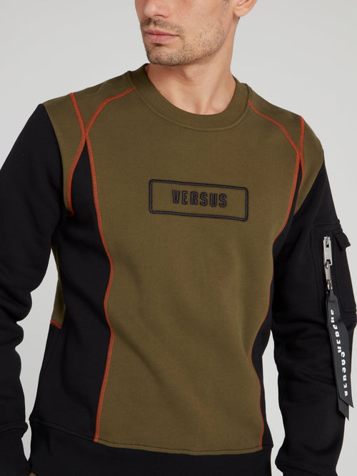 Черный хлопковый свитшот с оливковыми вставками и логотипом