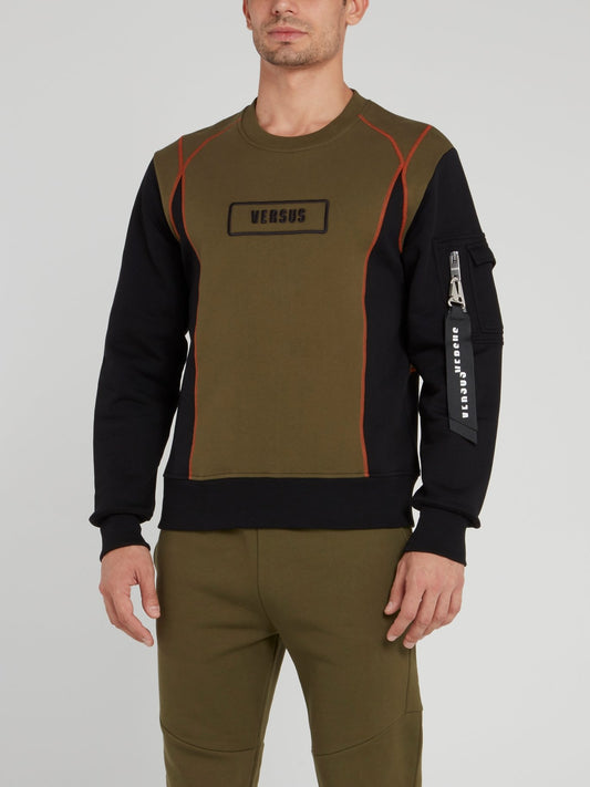 Черный хлопковый свитшот с оливковыми вставками и логотипом