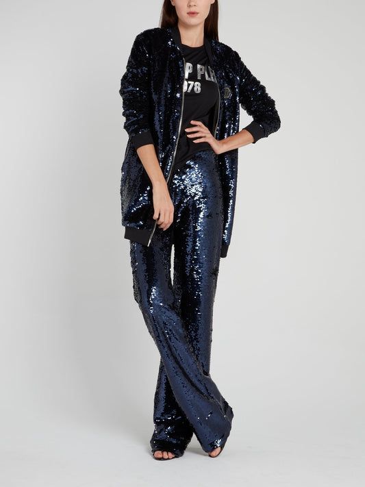 Темно-синие широкие брюки с пайетками