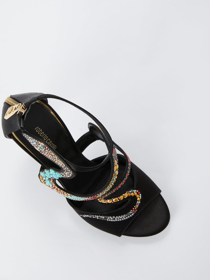 Черные босоножки с ремешком в виде змеи