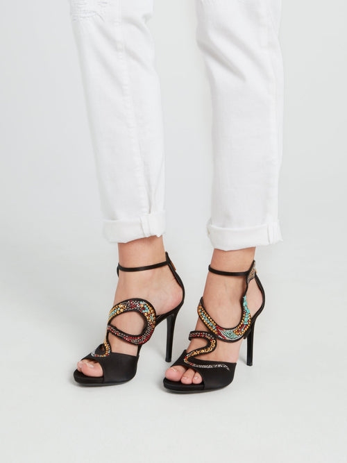 Черные босоножки с ремешком в виде змеи