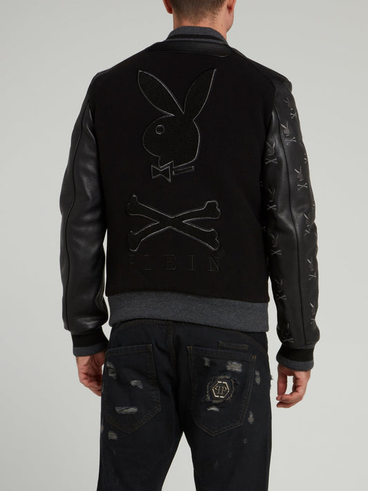 Black Playboy Leather Sleeve Bomber Jacket