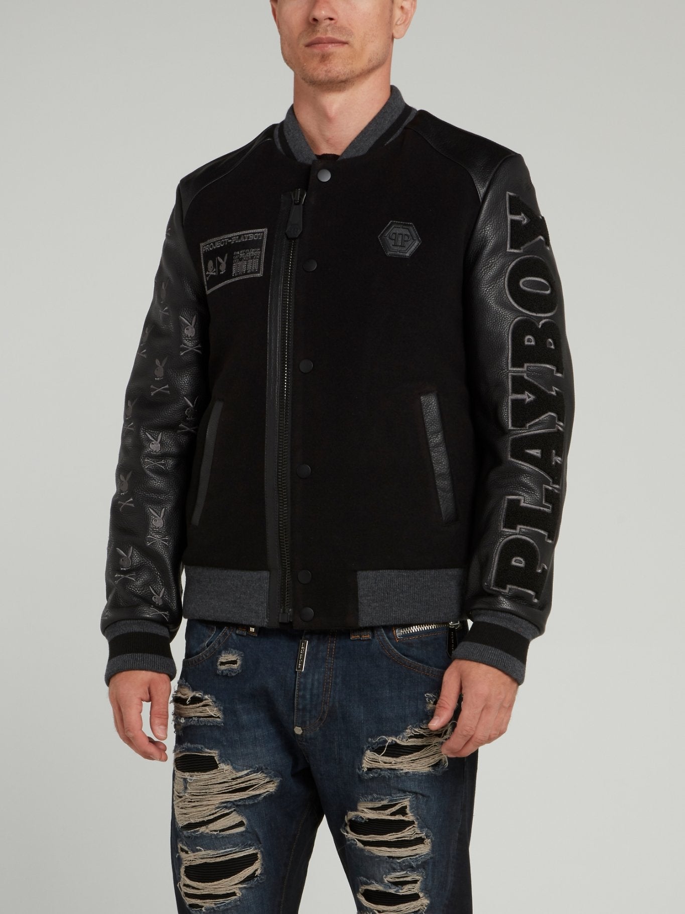 Black Playboy Leather Sleeve Bomber Jacket