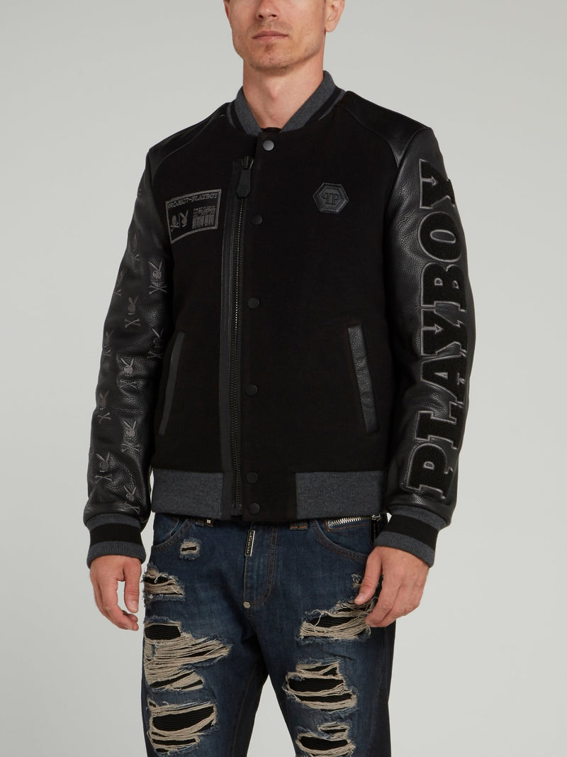 Black Playboy Leather Sleeve Bomber Jacket