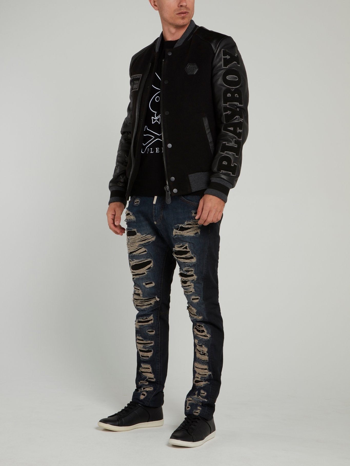 Black Playboy Leather Sleeve Bomber Jacket