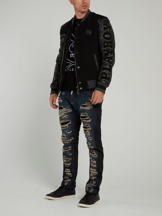 Black Playboy Leather Sleeve Bomber Jacket