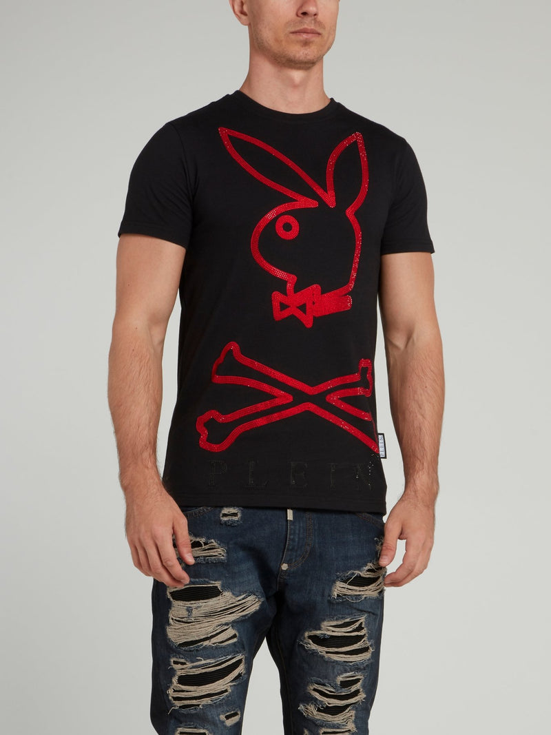 Черная футболка с круглым вырезом и рисунком Playboy