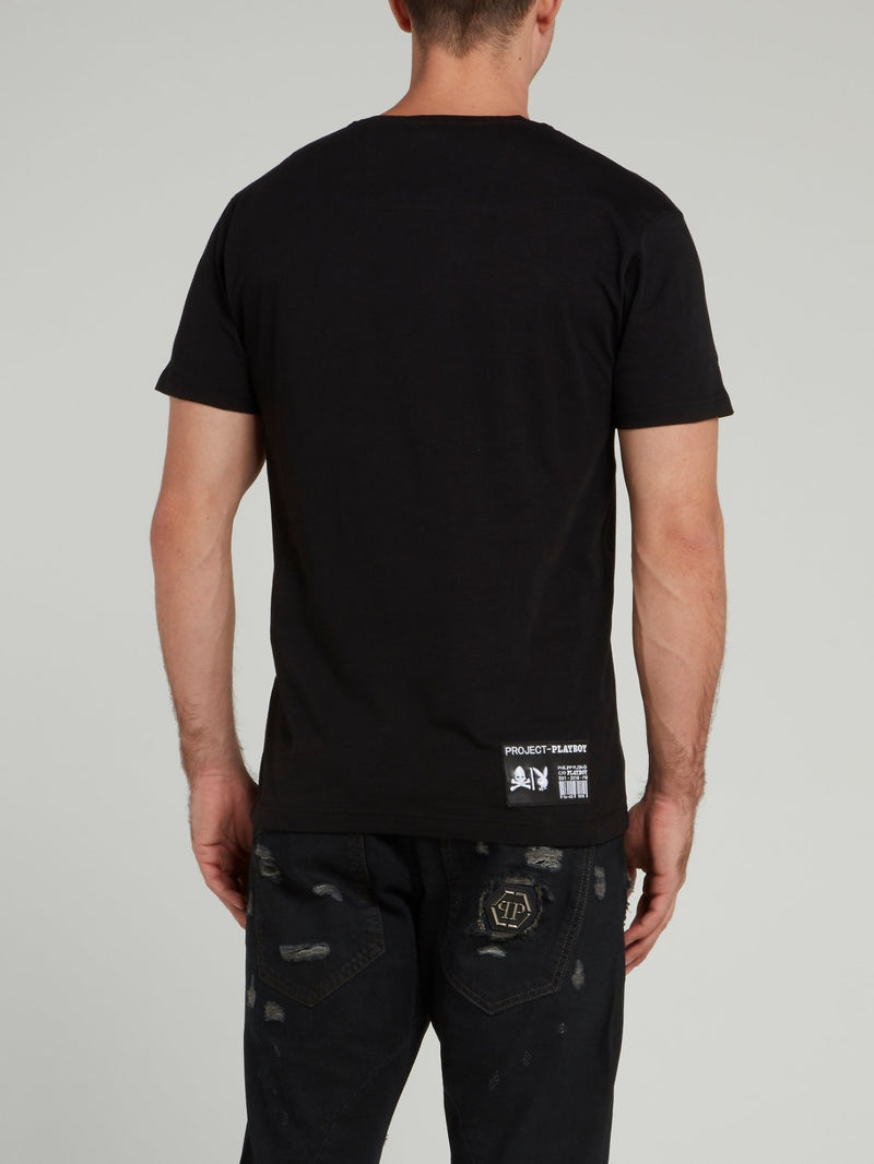 Черная футболка со стразами и логотипом Playboy