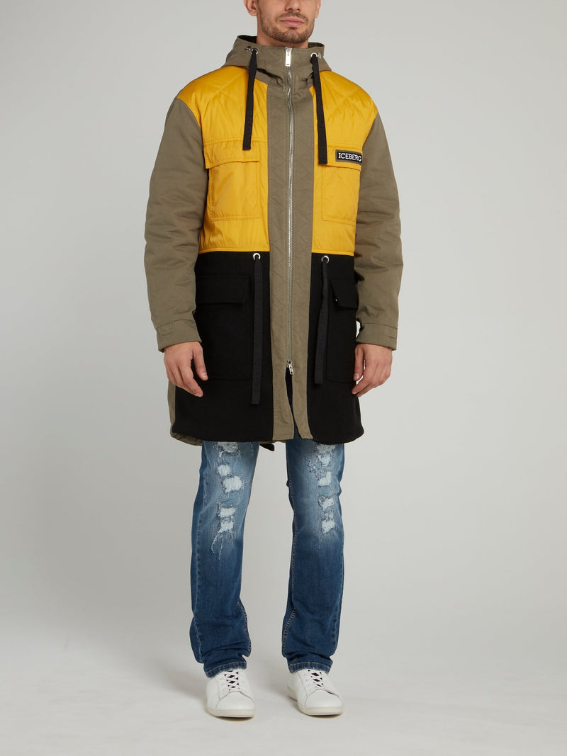 Коричневая длинная куртка в стиле колор-блок