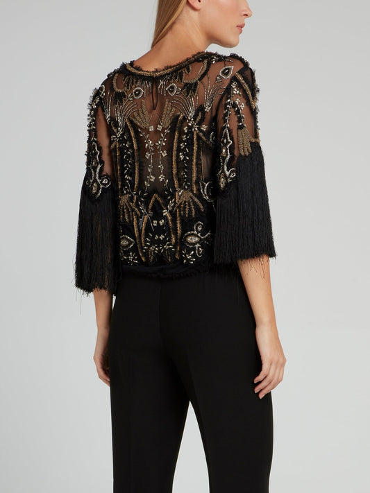 Black Fringe Sleeve Beaded Top
