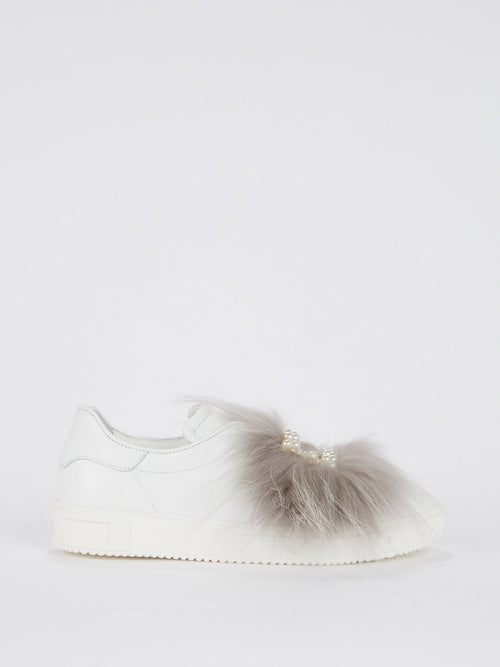 Pearl Embellished Fur Slip On Sneakers