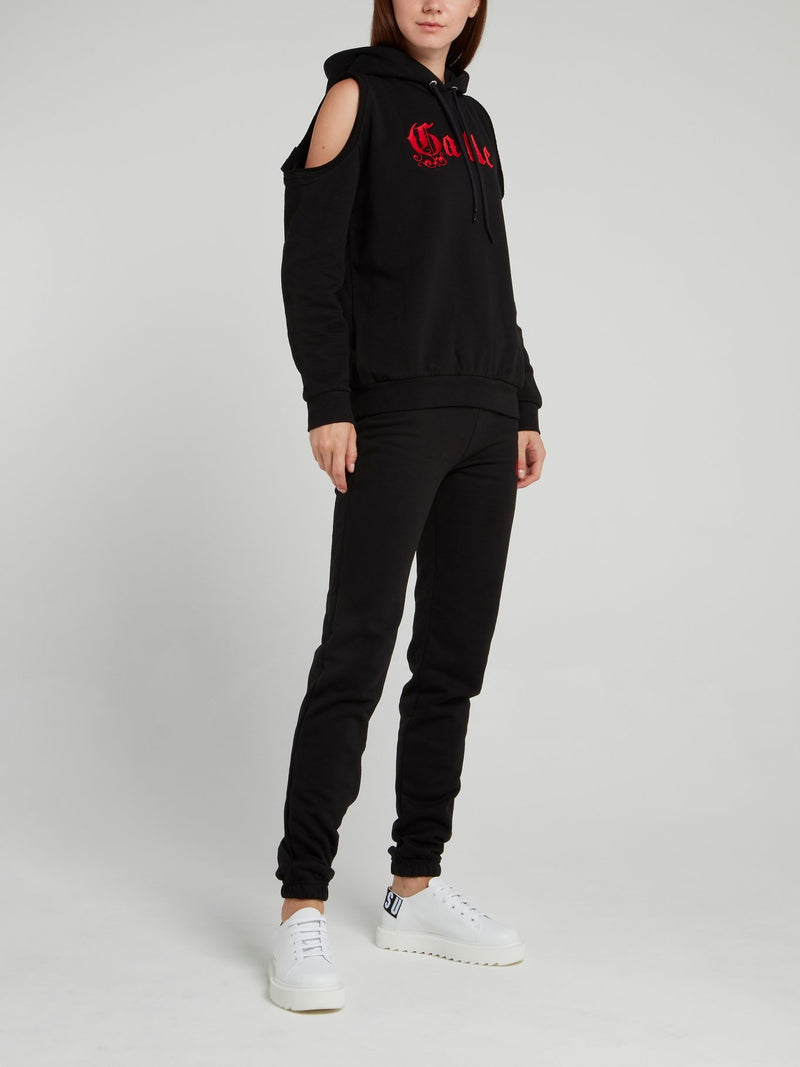 Черный свитшот с капюшоном и открытыми плечами