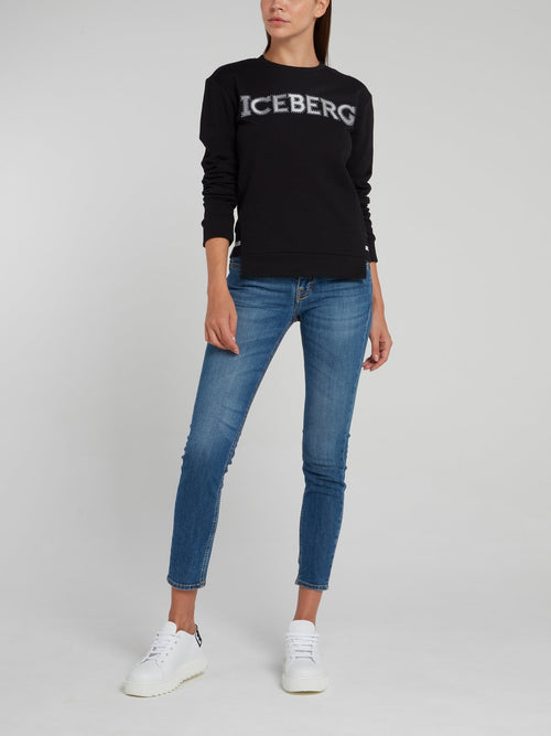 Черный свитшот с отделкой и разрезами по бокам