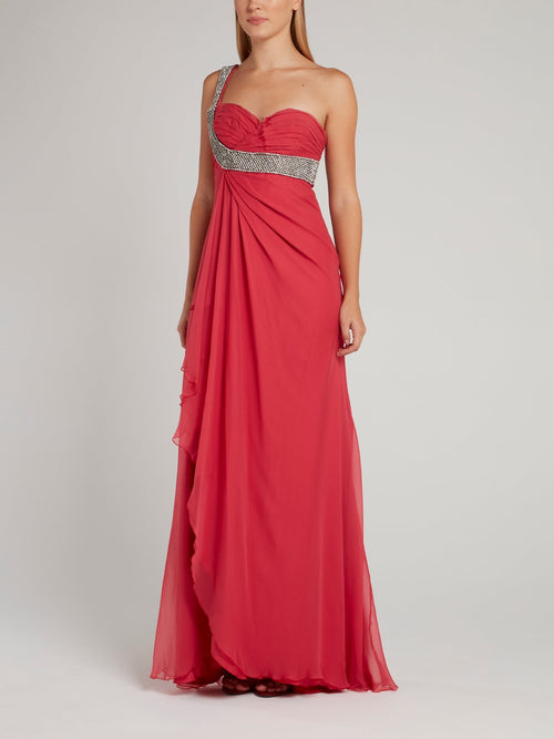 Платье-макси на одно плечо с оборками и завышенной талией