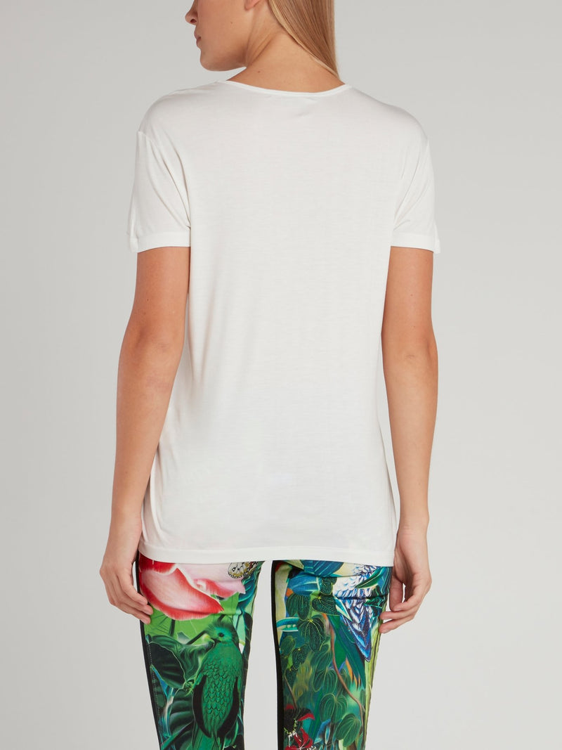 Футболка с глубоким круглым вырезом и принтом "флора и фауна"