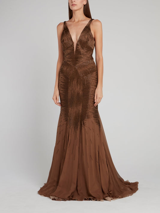 Brown Embellished Plunge Maxi Dress