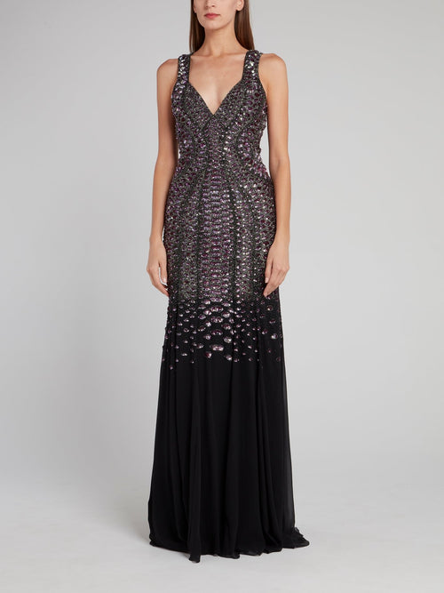 Черное расклешенное платье-макси с отделкой