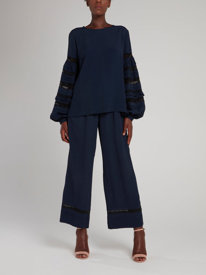 Темно-синие широкие брюки с кружевными вставками